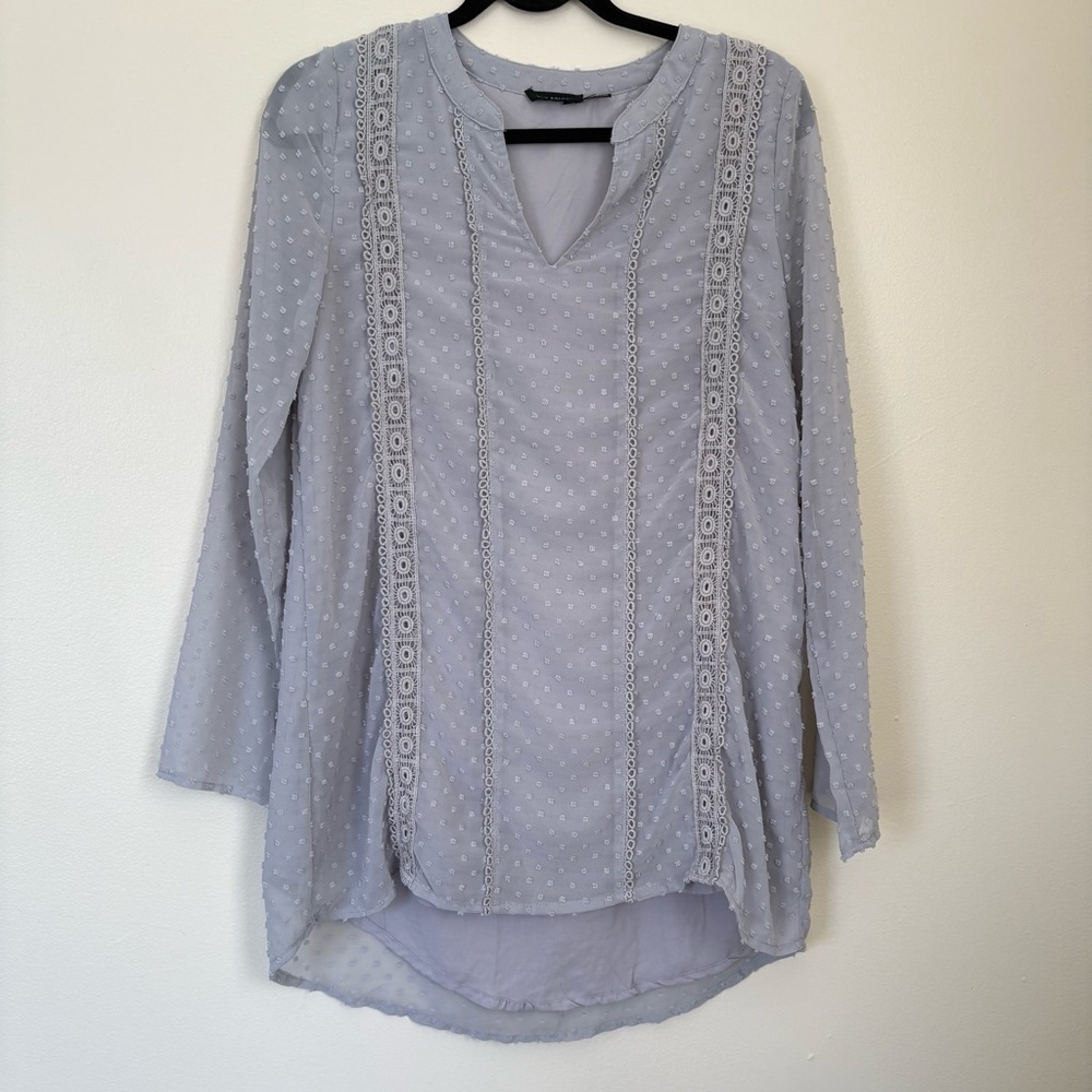 Anthropologie Blu Pepper Gray Lace Boho Tunic Size Small Swiss Dot Flowy Sheer